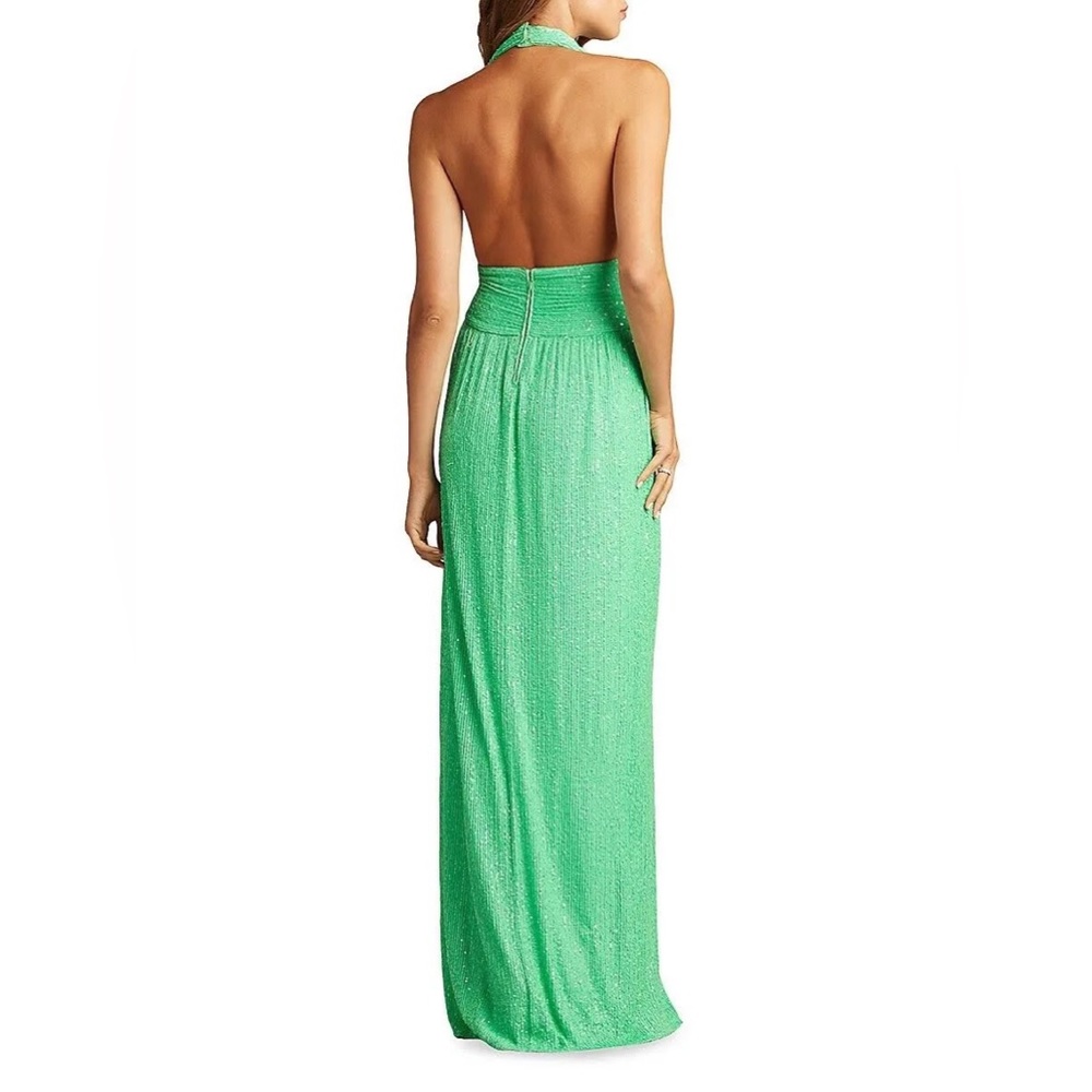 Tadashi Shoji Lime Green Sasha Sequin Halter Deep V Neck Maxi Slit Gown Sz 6